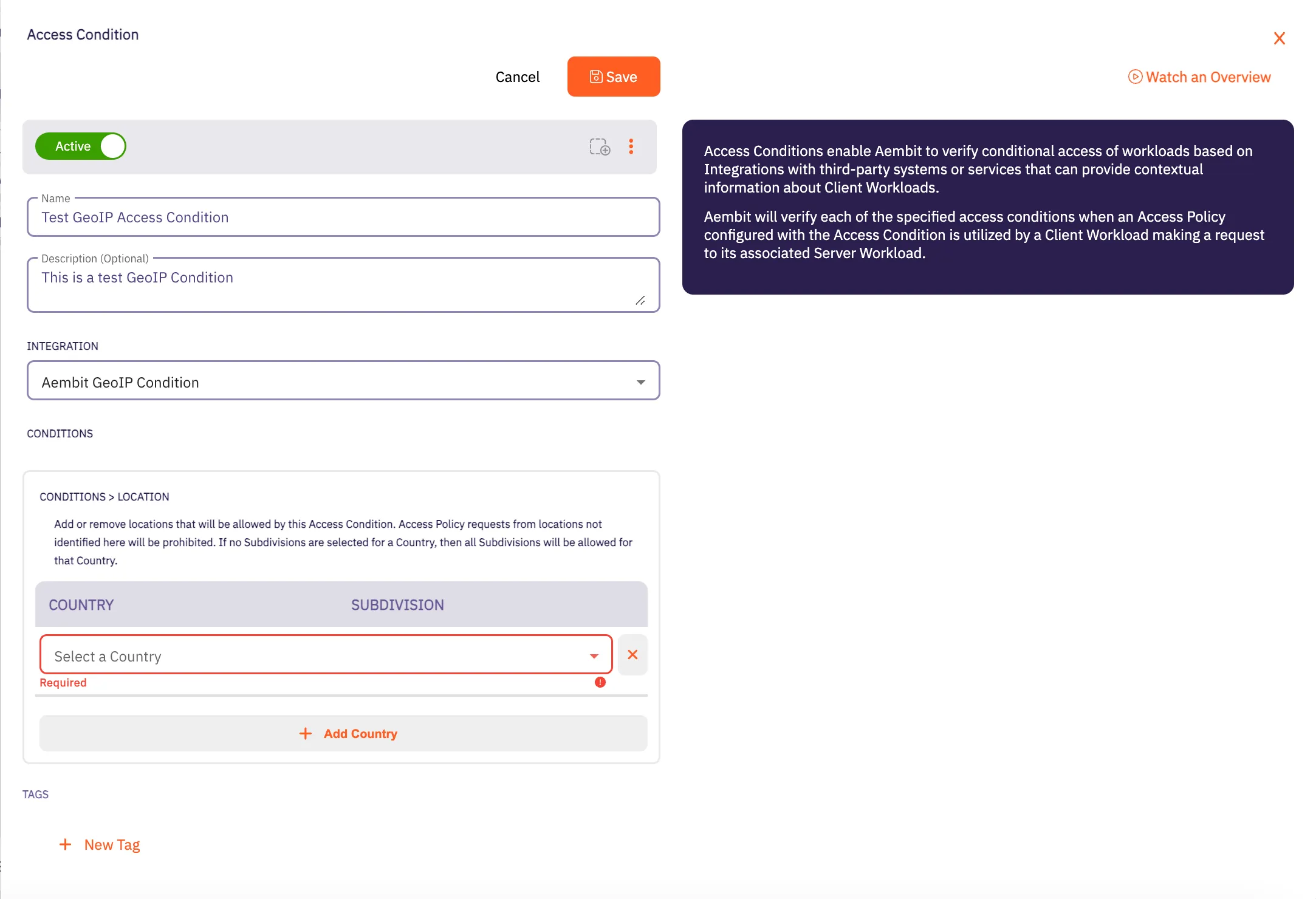 Access Condition Dialog Window - Country and Subdivision Selected