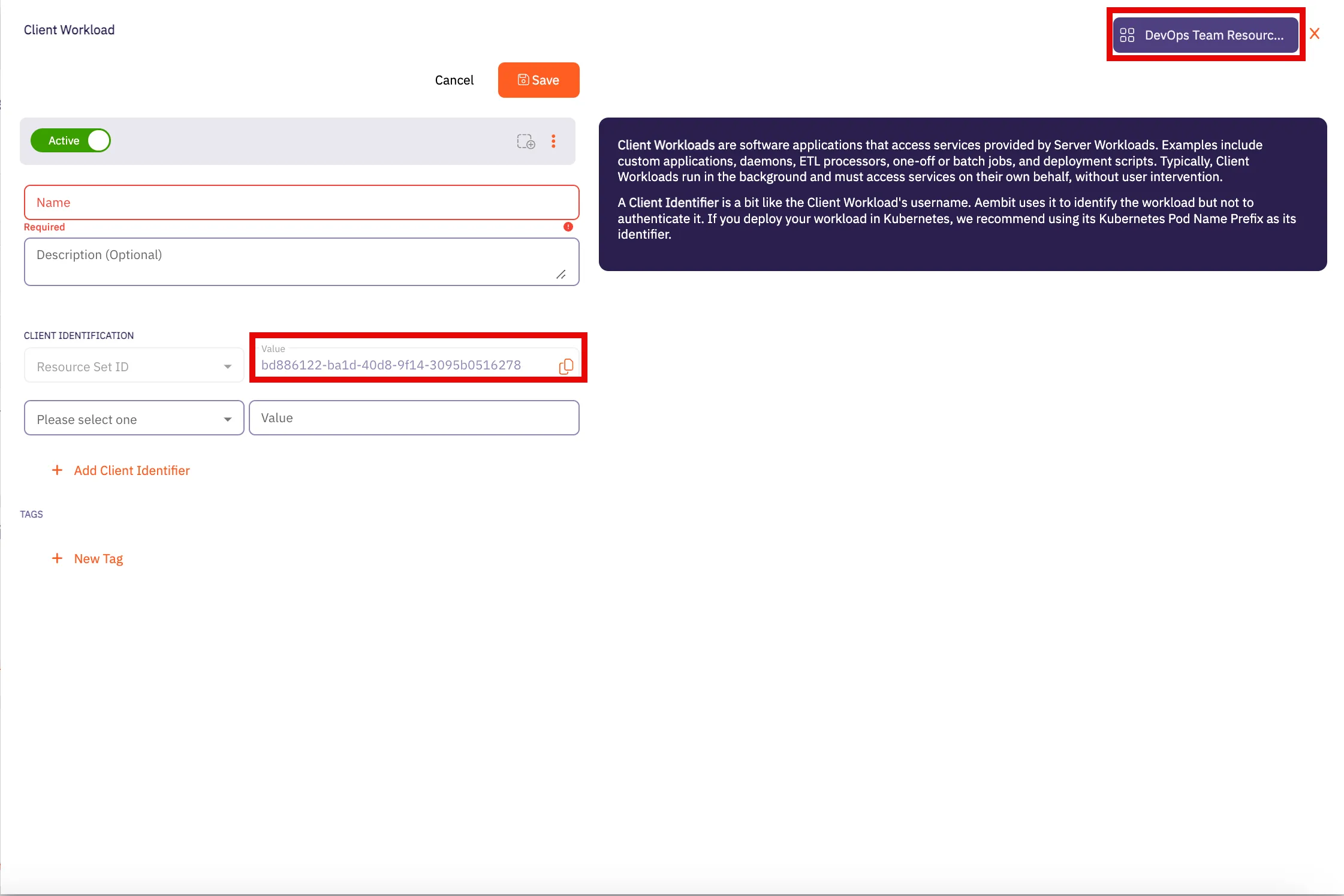 Client Workload Dialog Window With DevOps Team Resource Set Selected