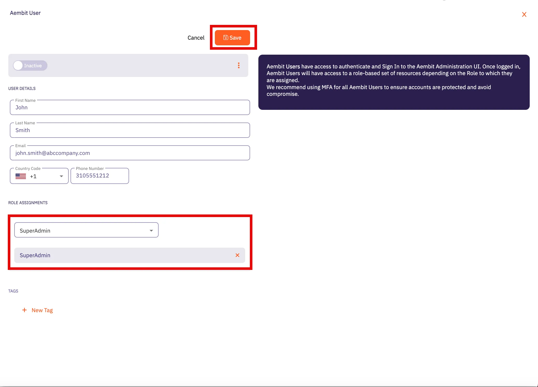 Completed Users pop out menu