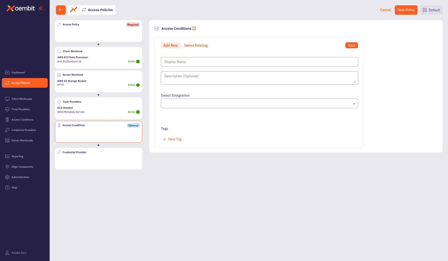 Access Condition Add New form with integration selection