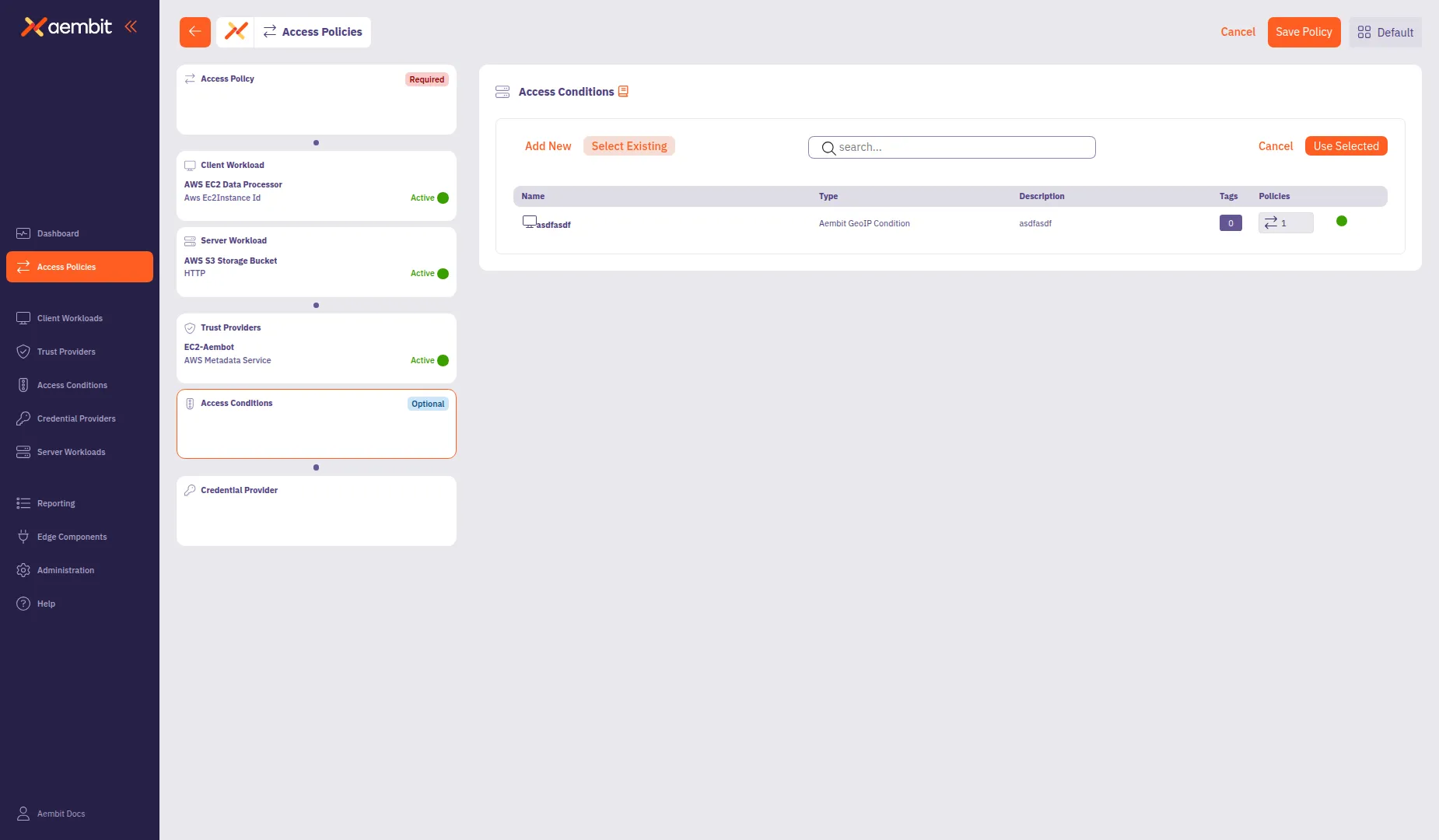 Access Condition Select Existing view with searchable table
