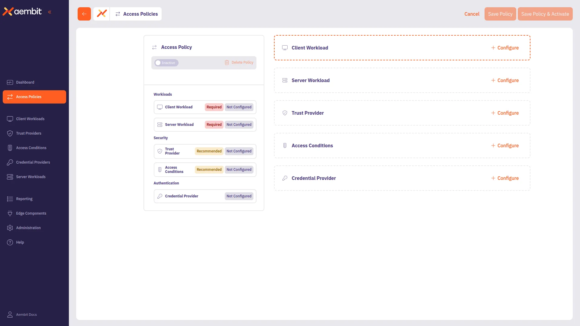 Access Policy Builder initial view with card-based navigation and configuration panel