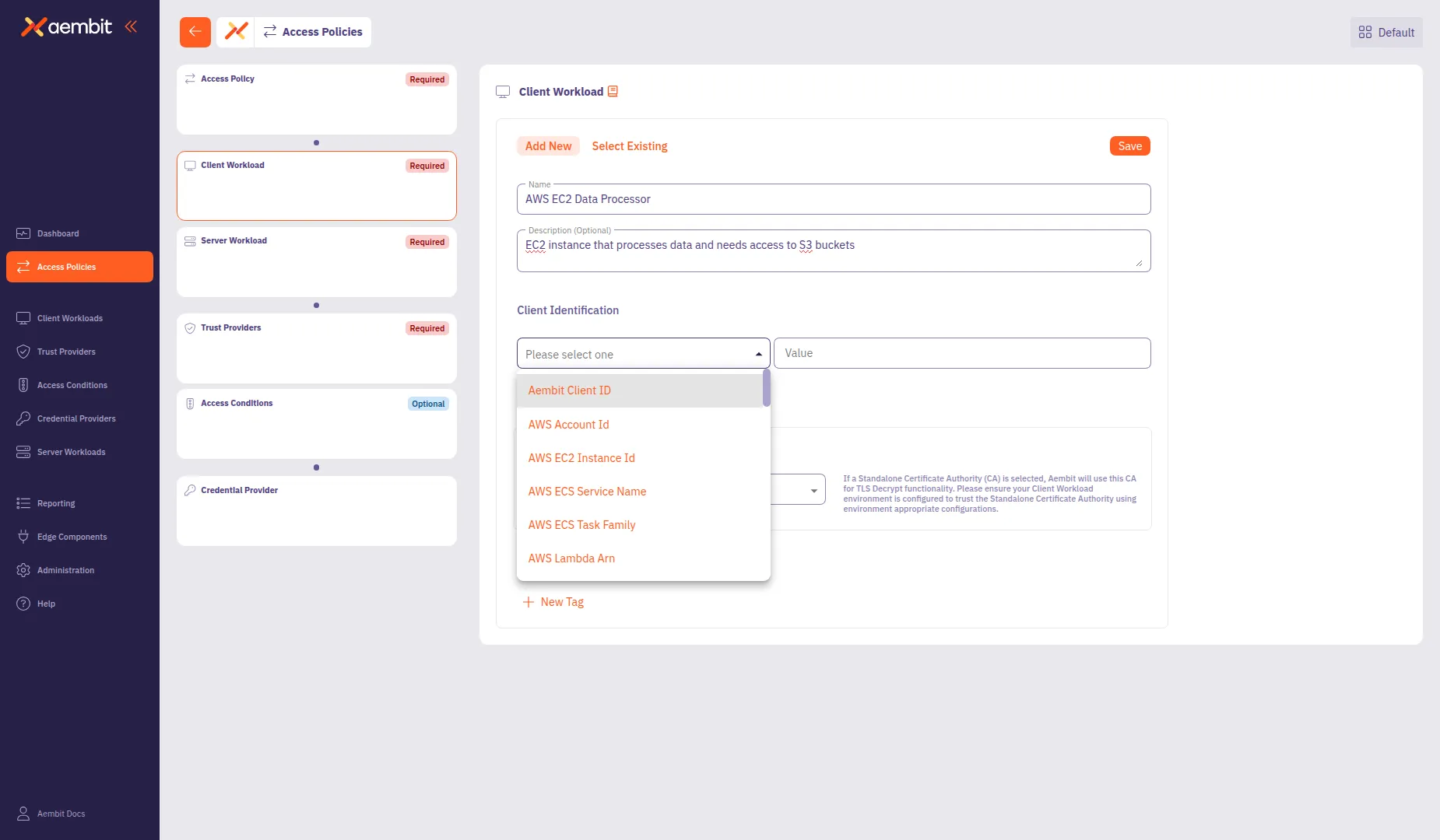 Client Identification dropdown showing available identification types
