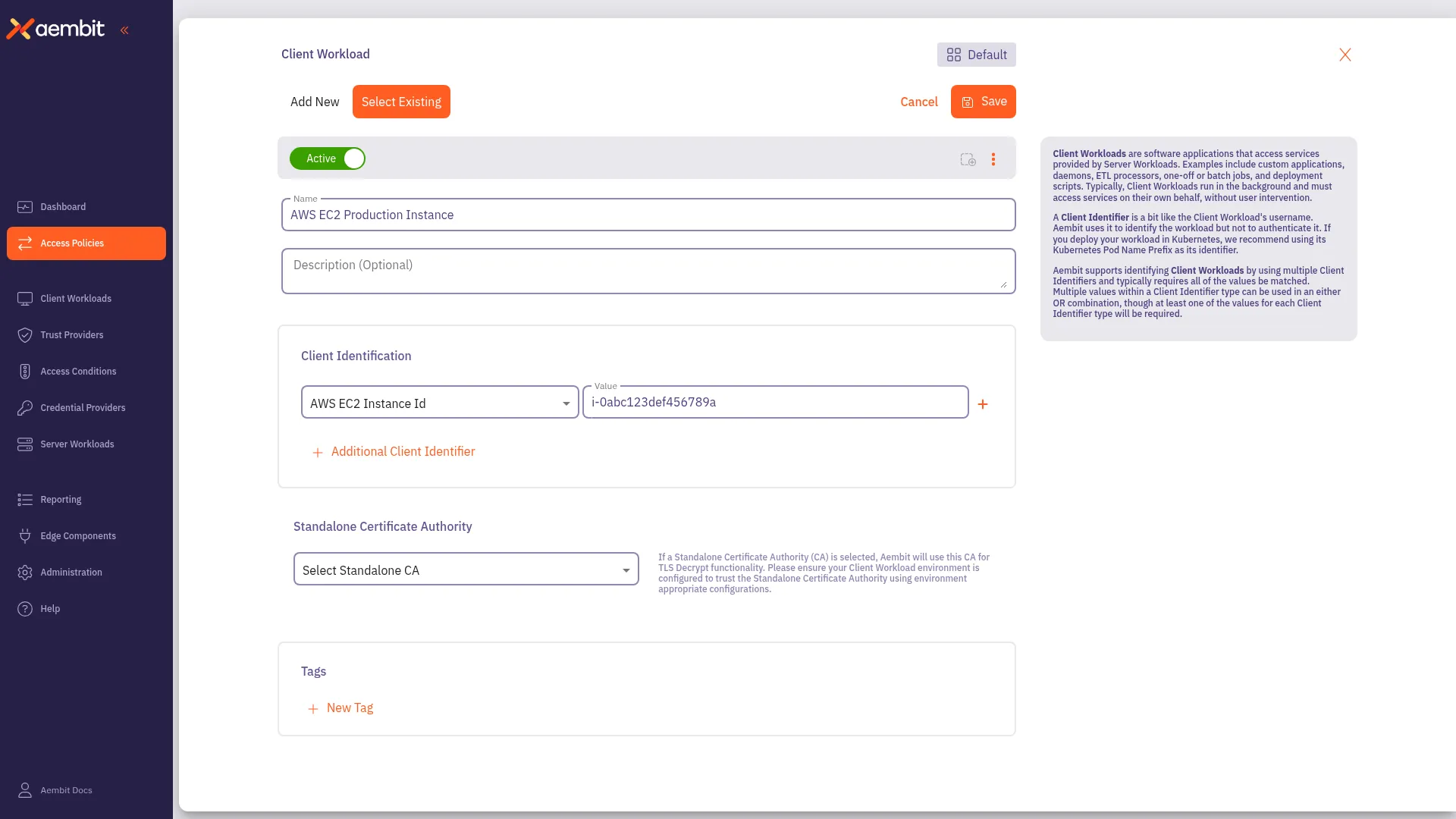 Client Workload configured and ready to save