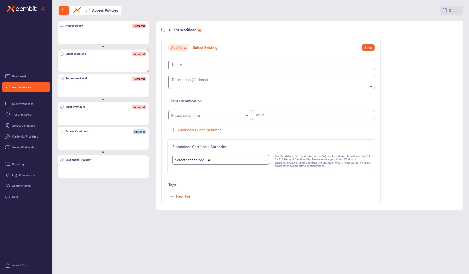 Client Workload Add New form with name and identification fields