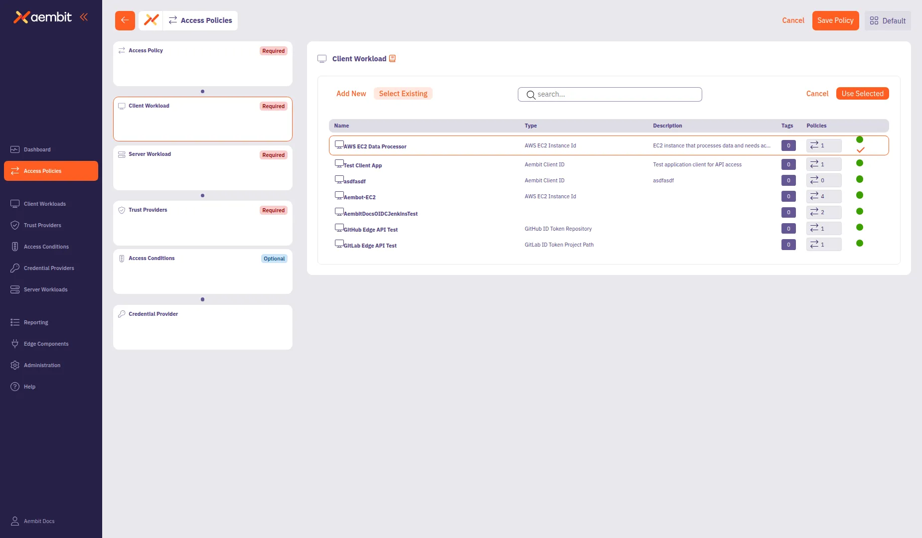 Client Workload selected with orange highlight