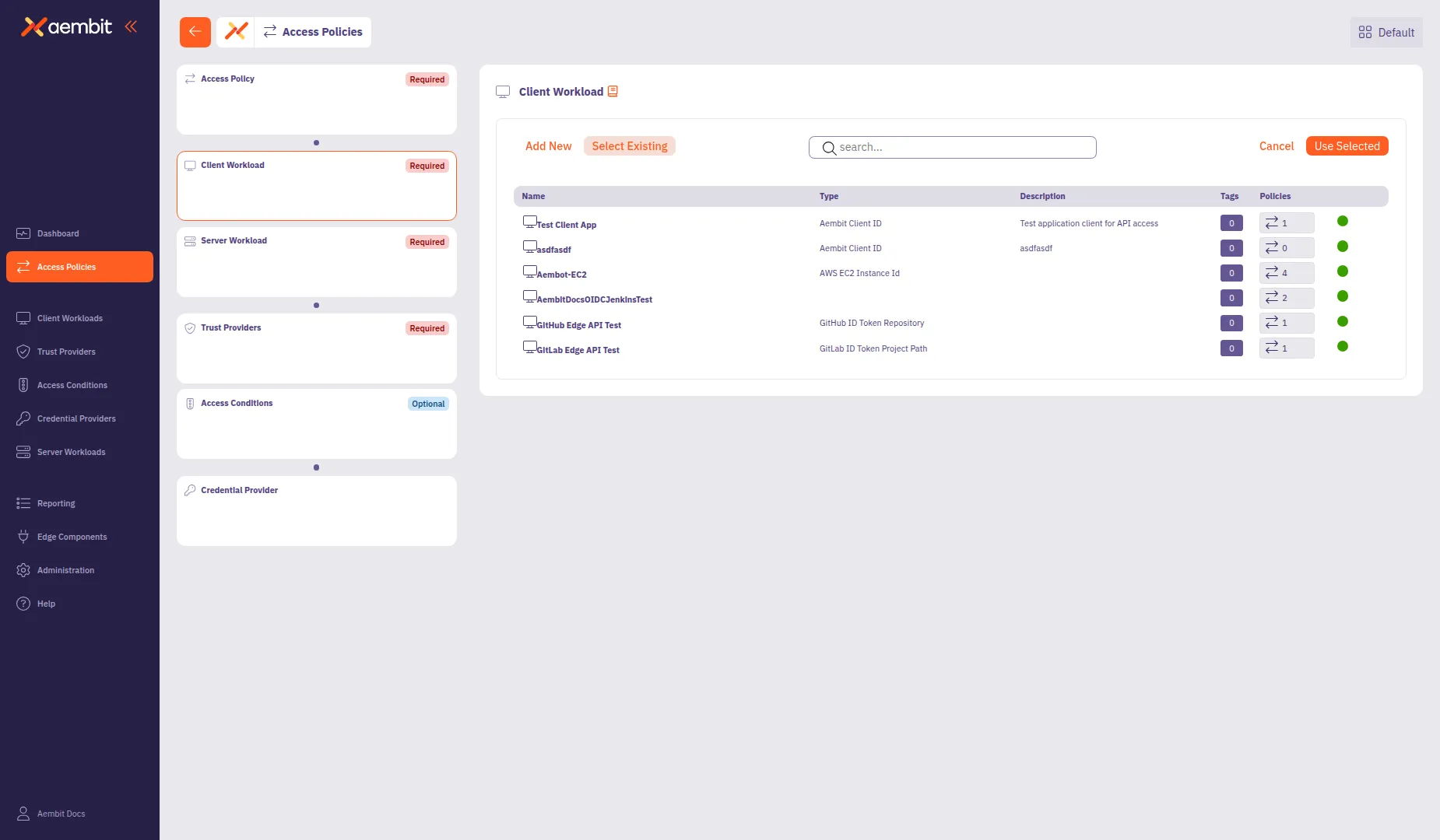 Client Workload Select Existing view with searchable table