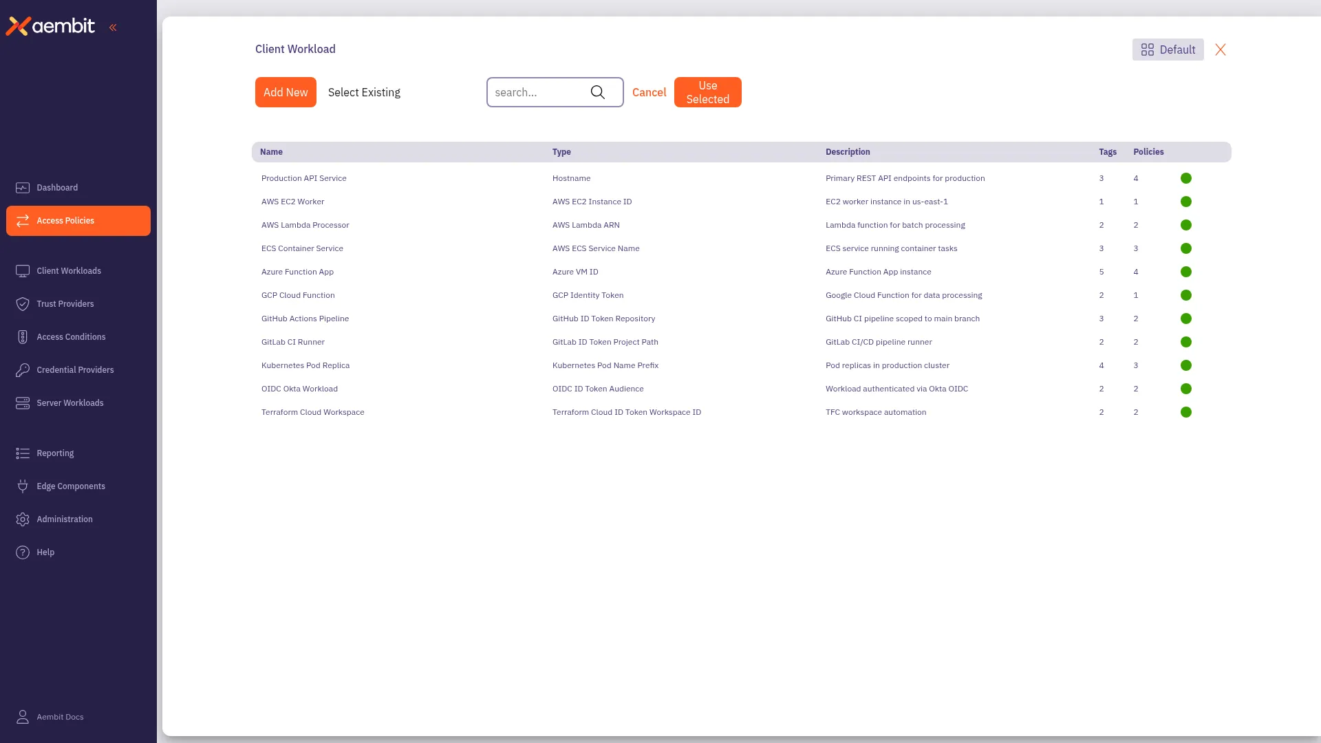 Client Workload Select Existing view with searchable table