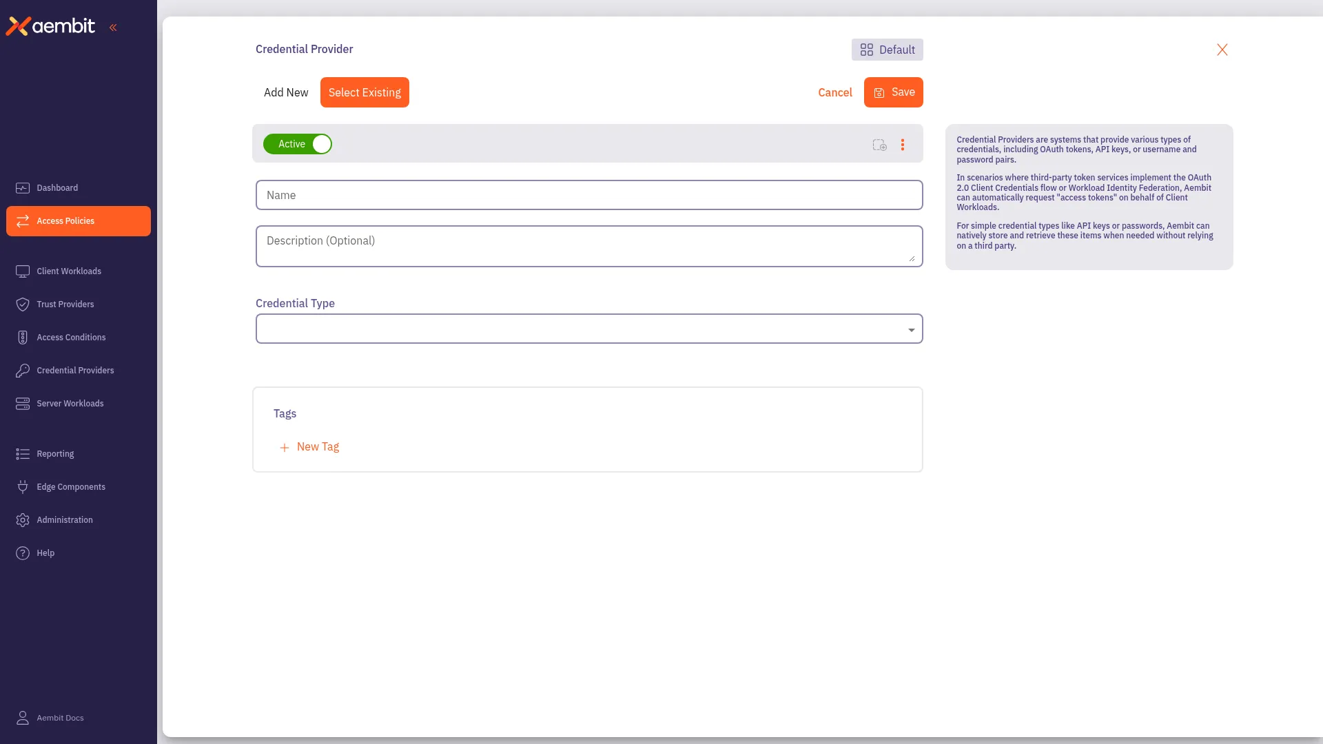 Credential Provider Add New form with credential type selection