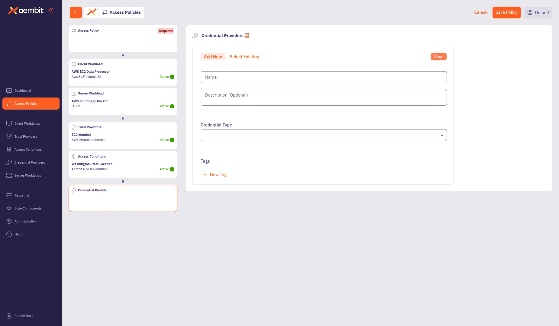 Credential Provider Add New form with credential type selection