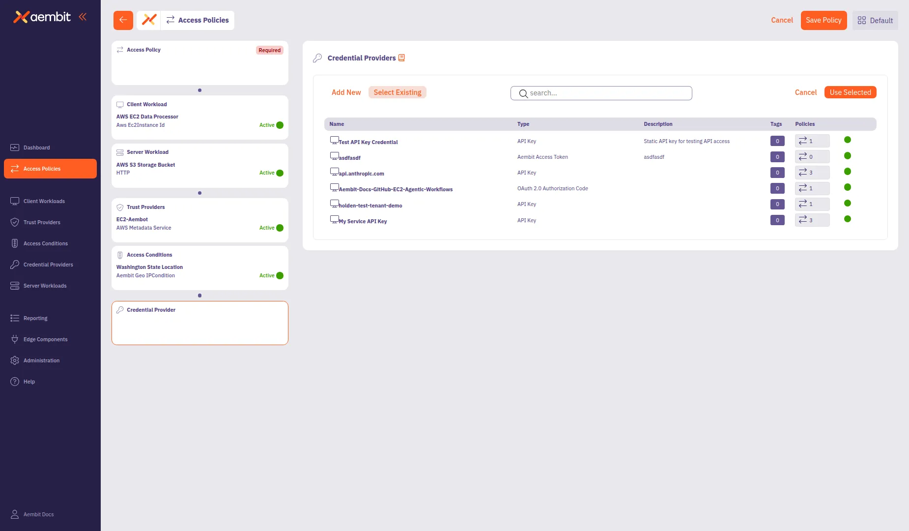 Credential Provider Select Existing view with searchable table