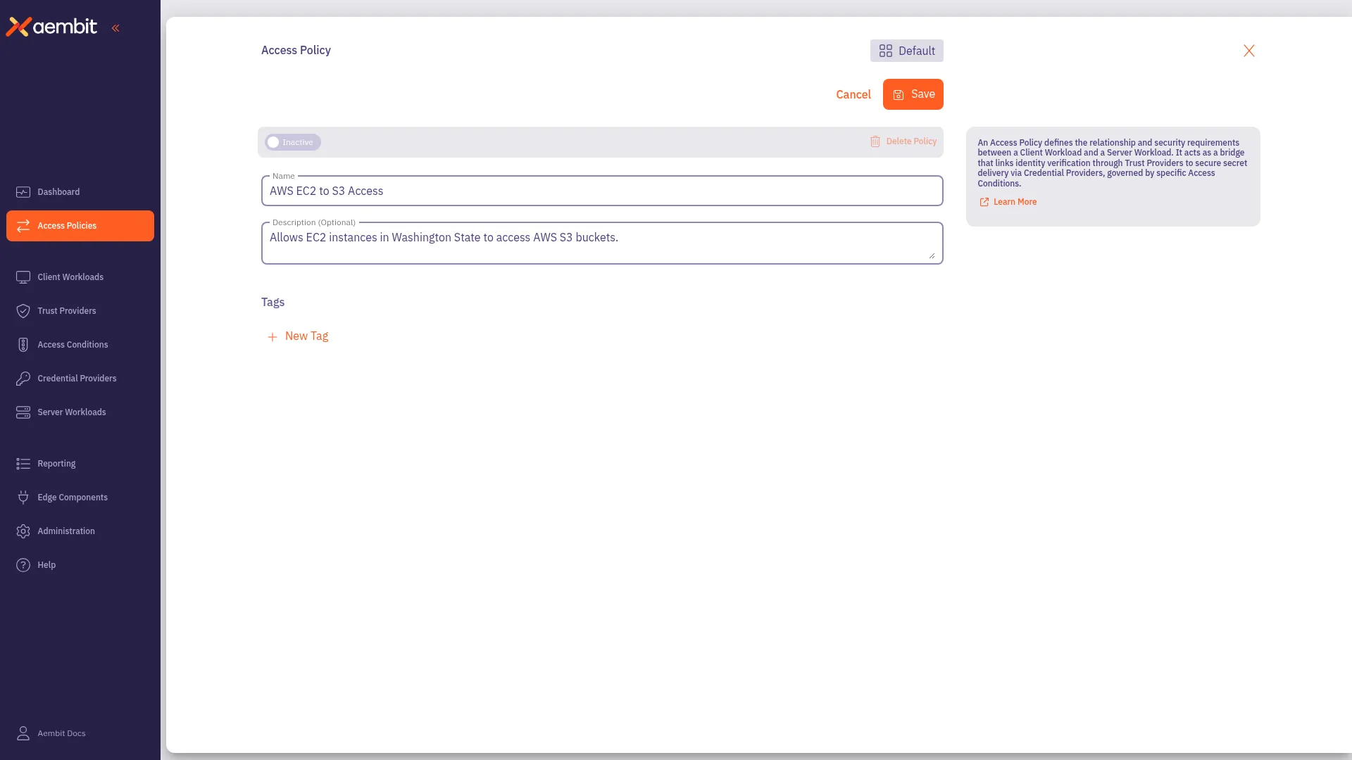 Access Policy details panel with name, description, and tags fields