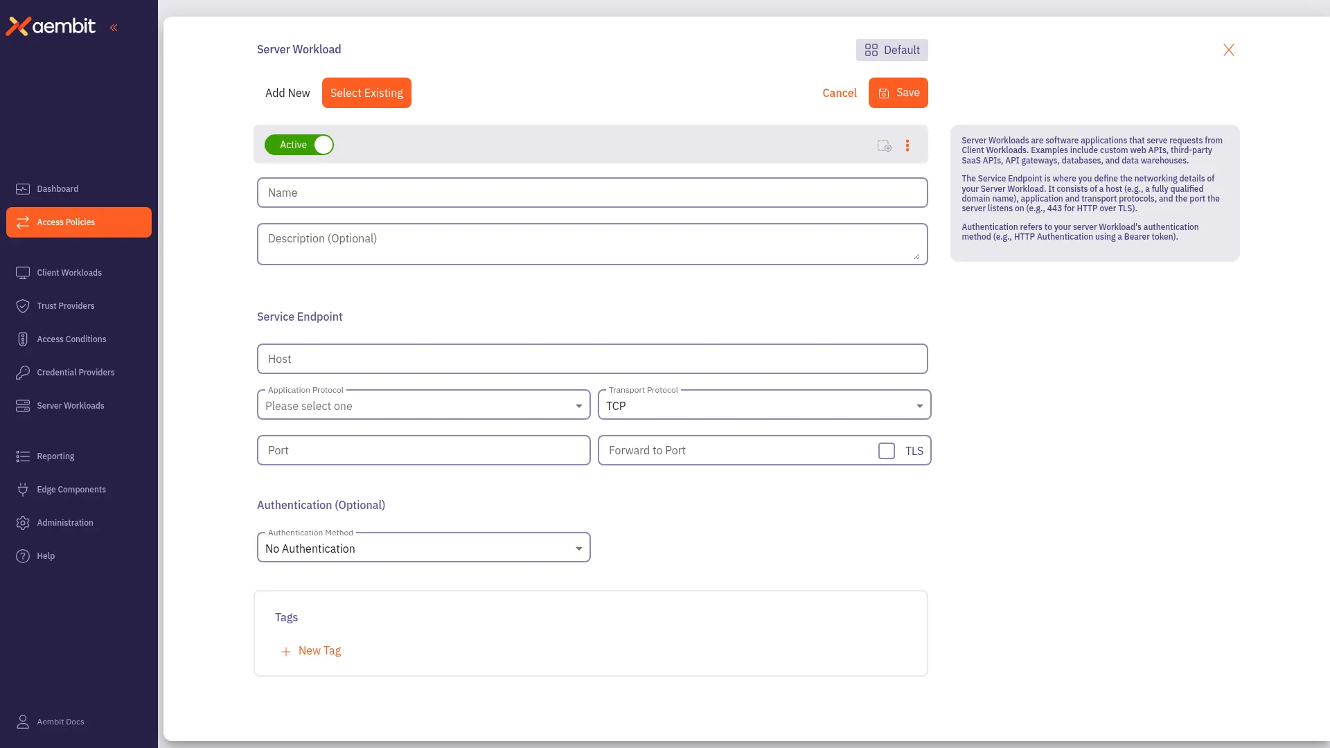 Server Workload Add New form with service endpoint fields