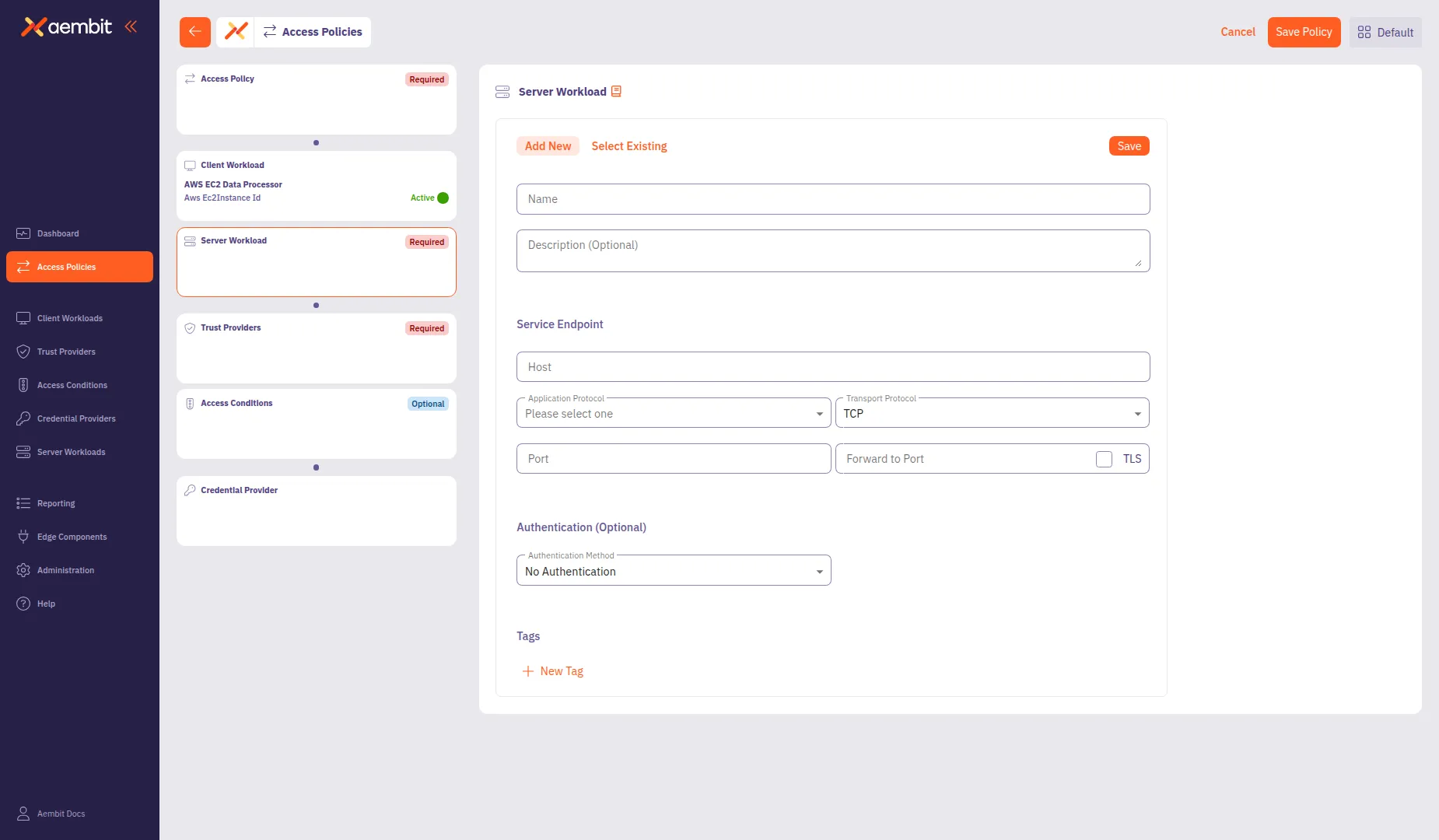 Server Workload Add New form with service endpoint fields