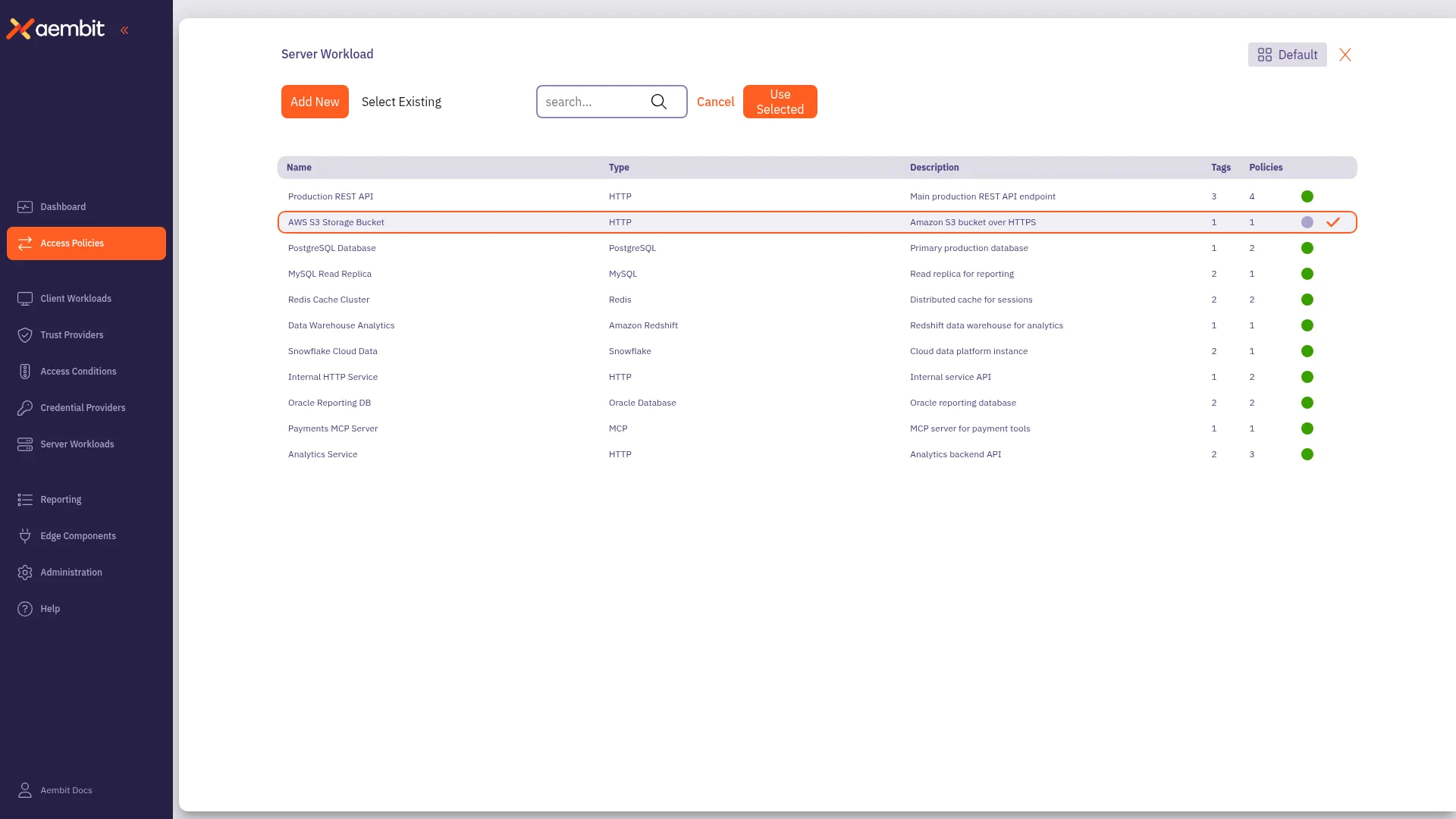 Server Workload selected with orange highlight