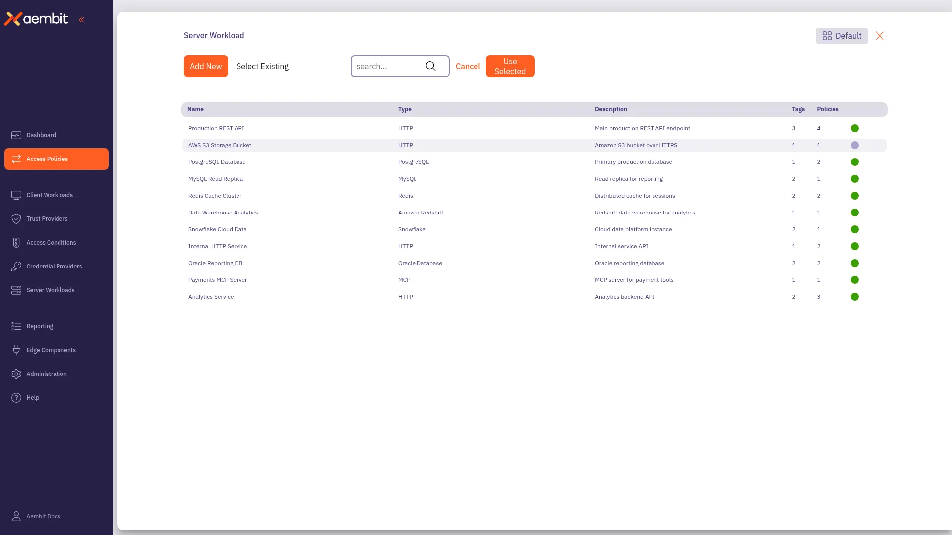 Server Workload Select Existing view with searchable table