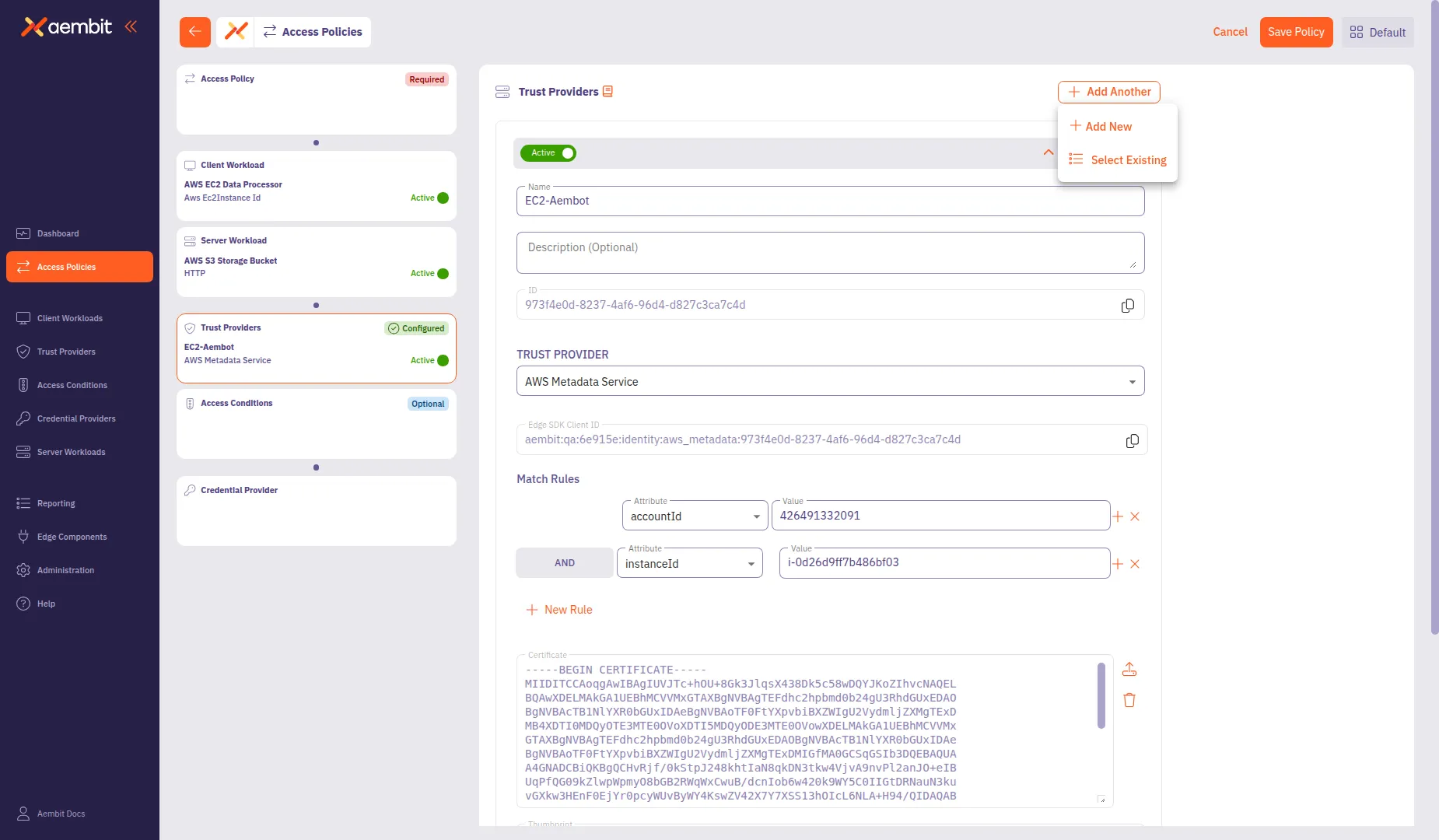 Add Another menu for adding multiple Trust Providers