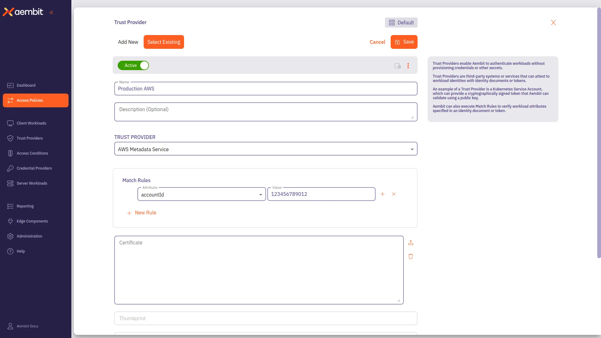 Trust Provider configured with match rules