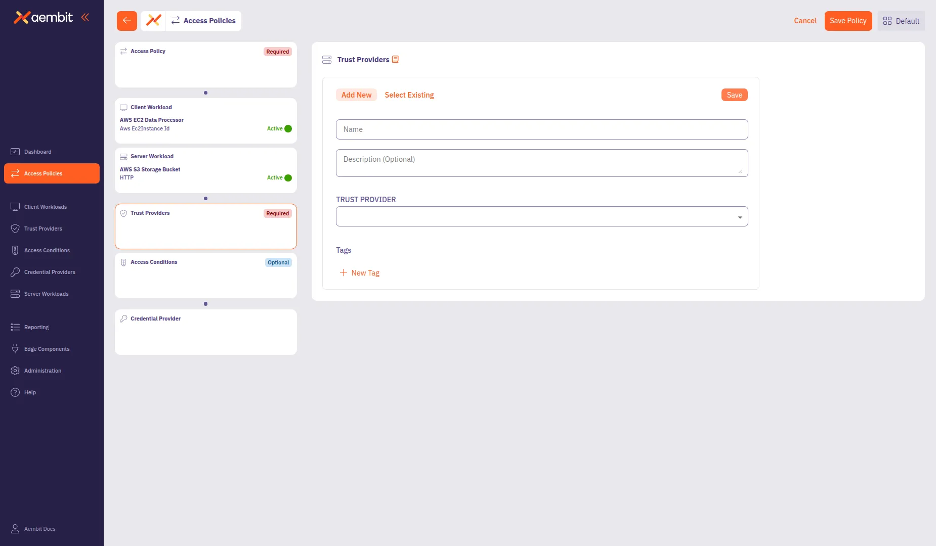 Trust Provider Add New form with provider type selection