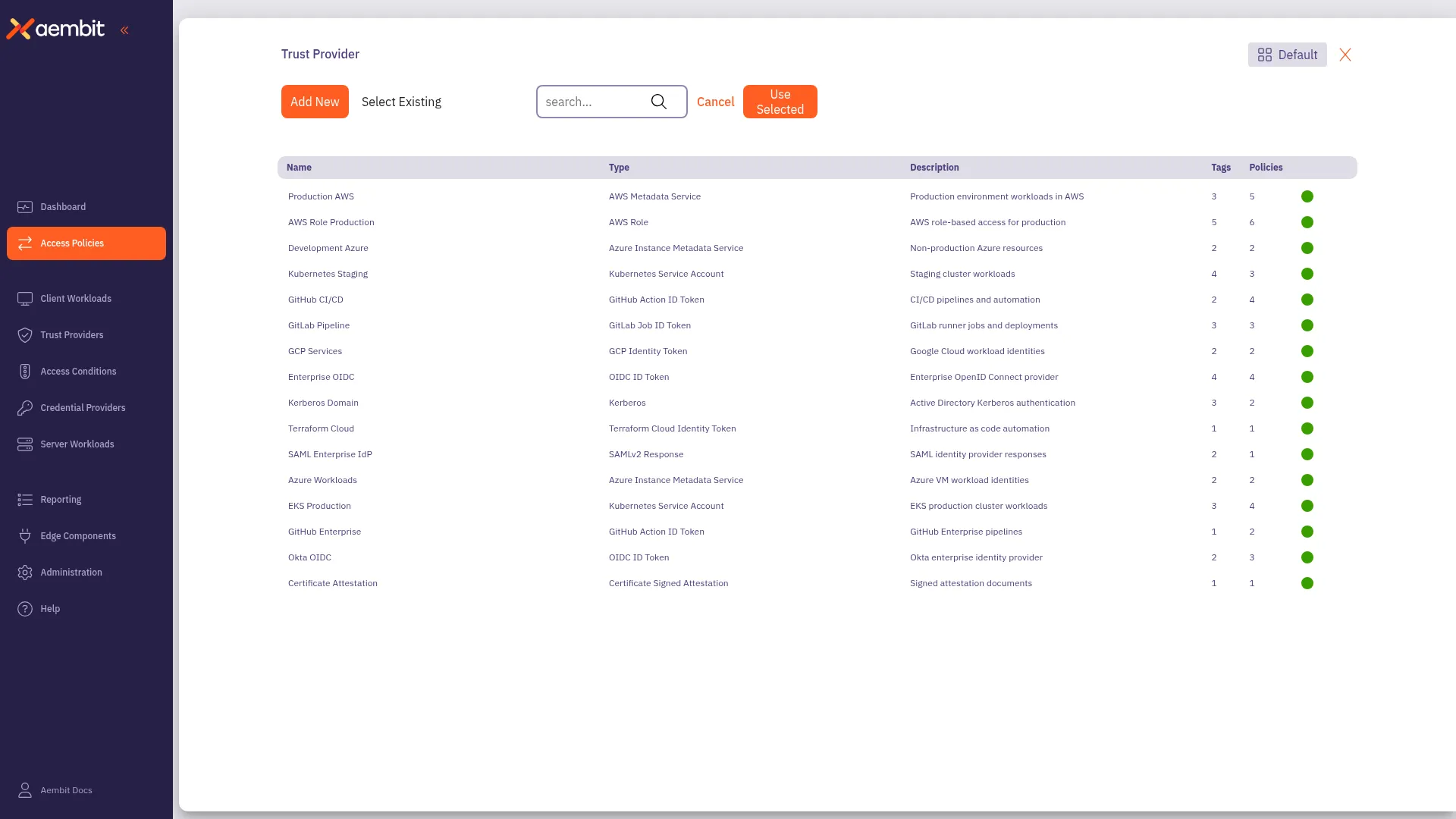 Trust Provider Select Existing view with searchable table
