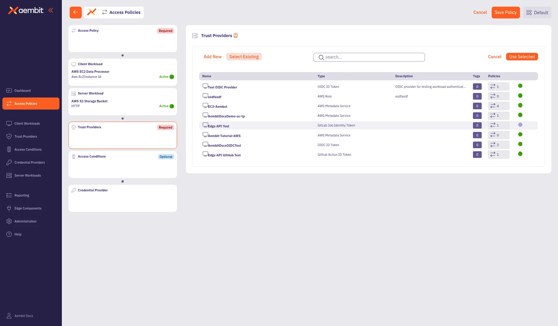 Trust Provider Select Existing view with searchable table