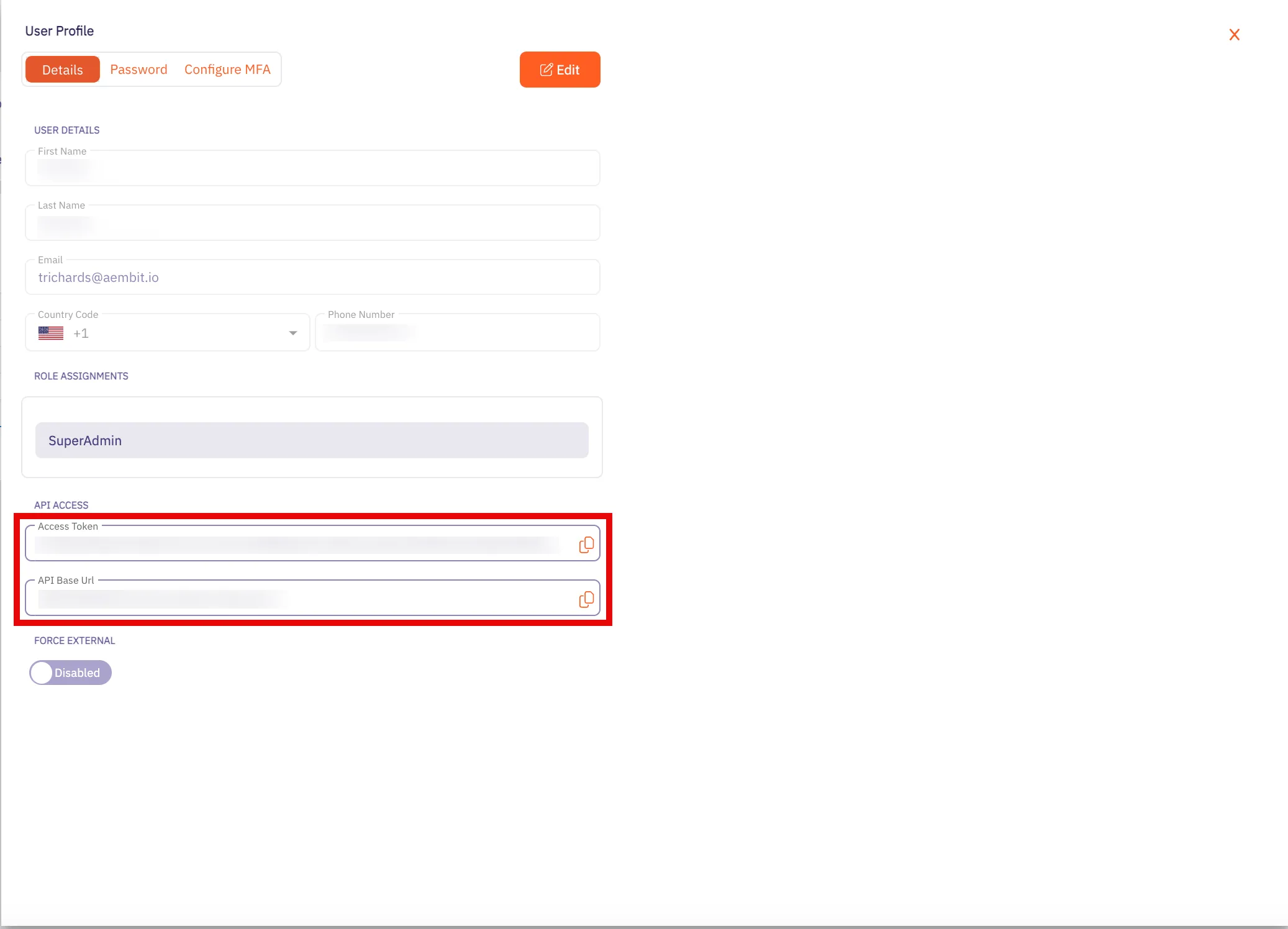 User Profile Dialog Window - API Access