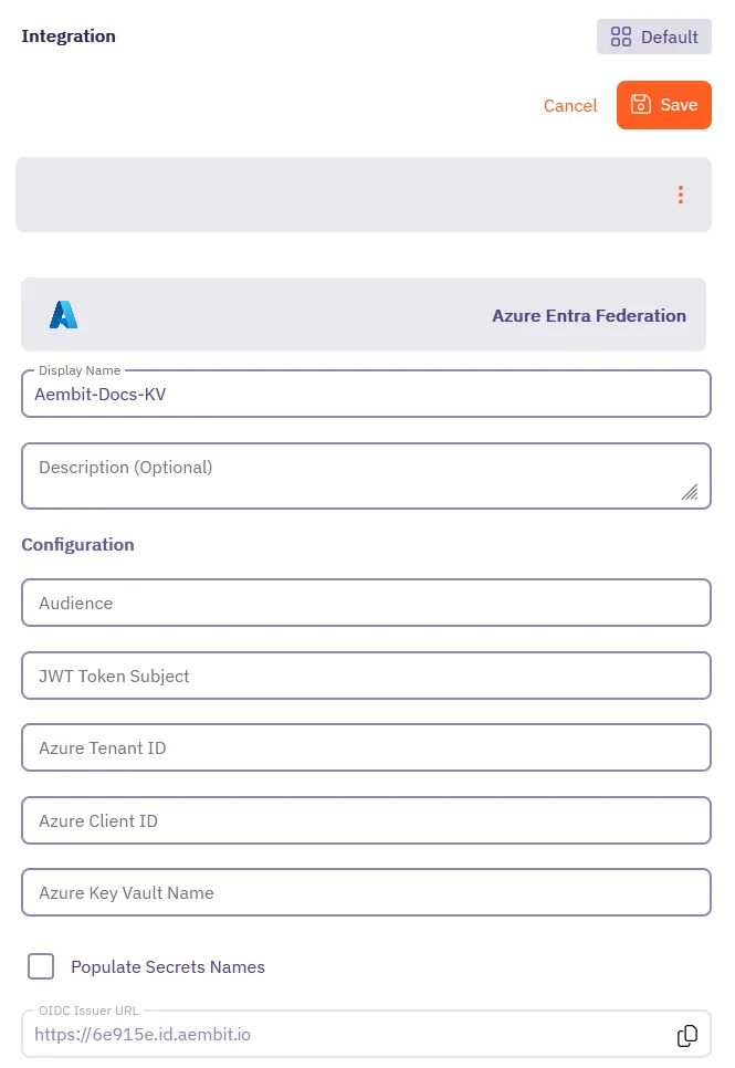 Start of Azure Entra Federation Integration form
