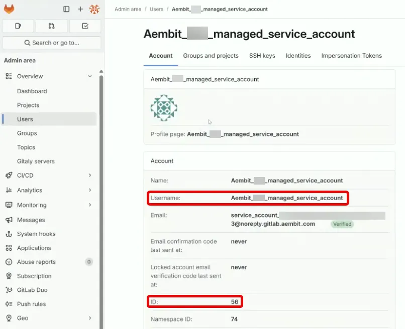 GitLab Admin area UI - Groups and projects tab on service account