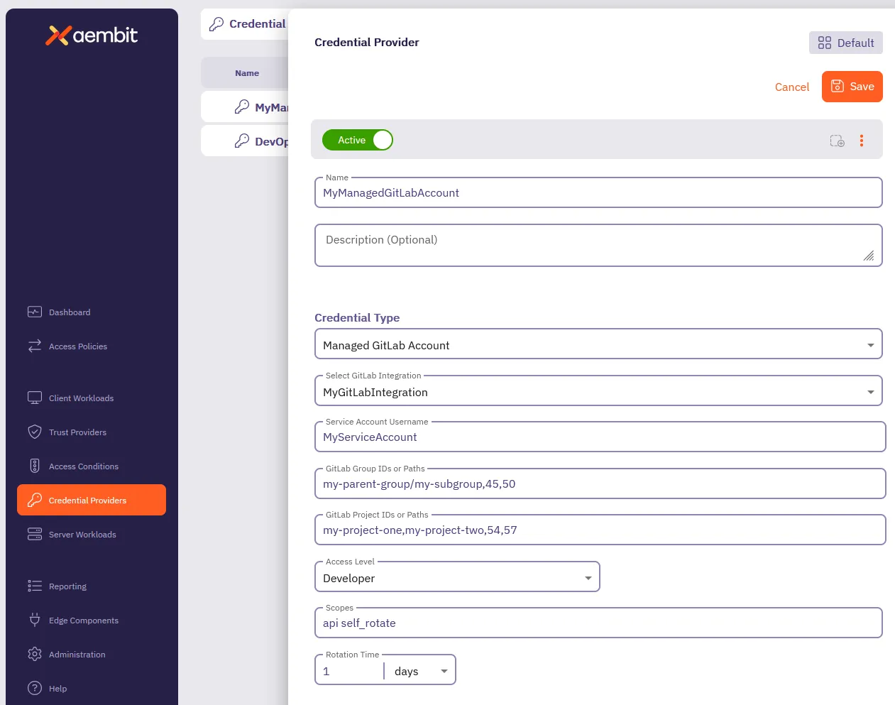 Completed Manage GitLab Account Credential Provider form