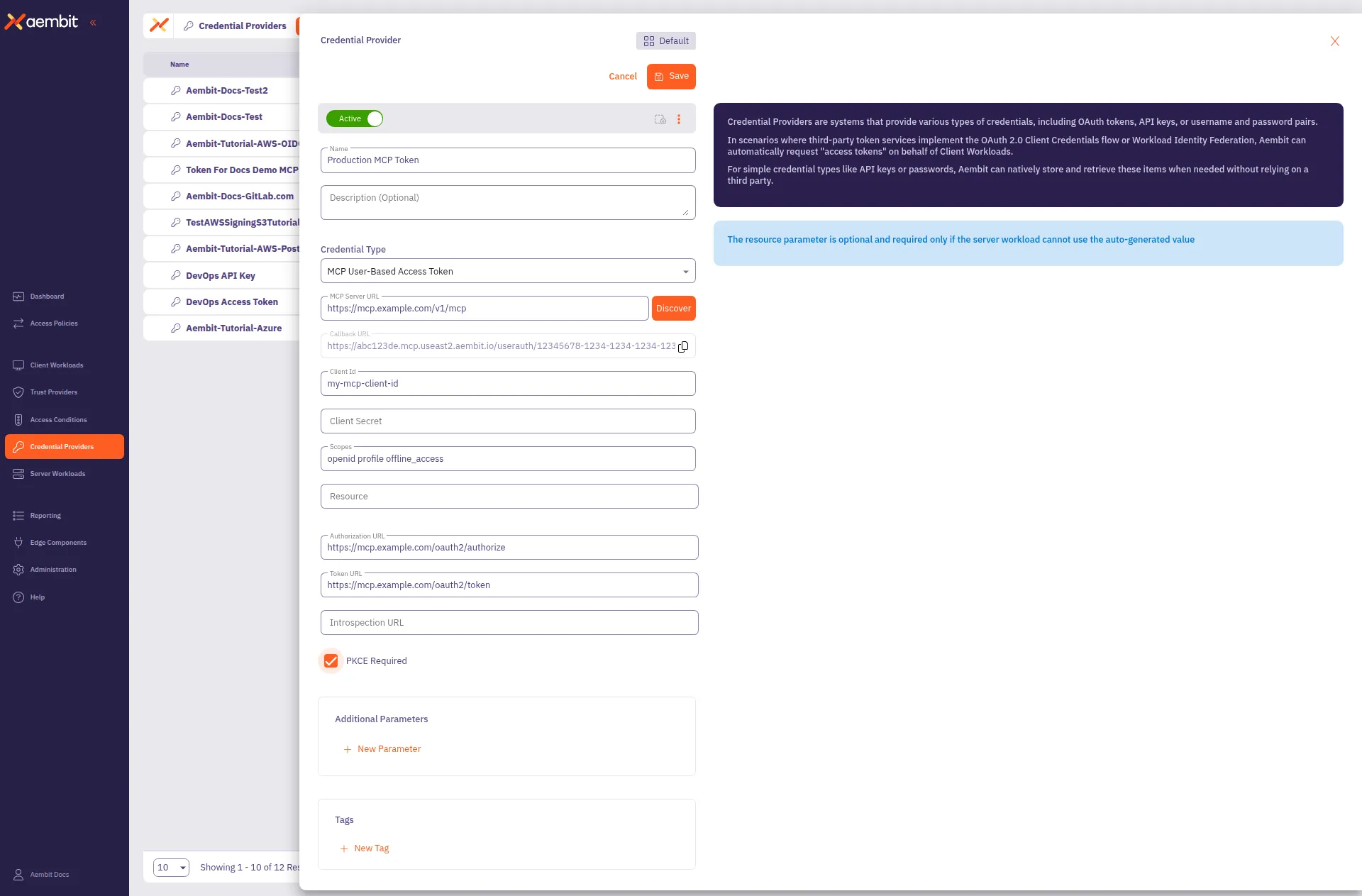 MCP User-Based Access Token Credential Provider form