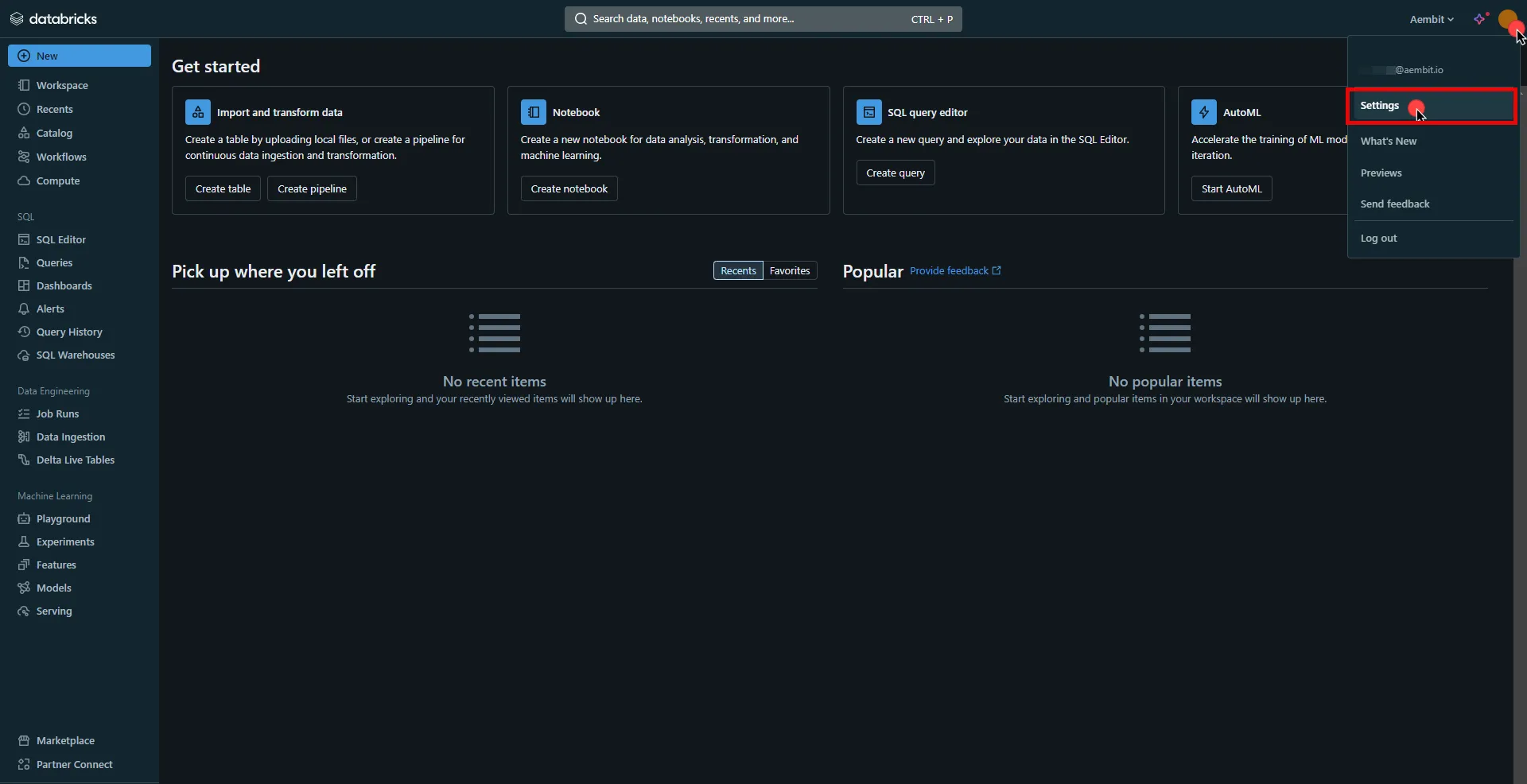 Databricks Workspace Navigate Settings