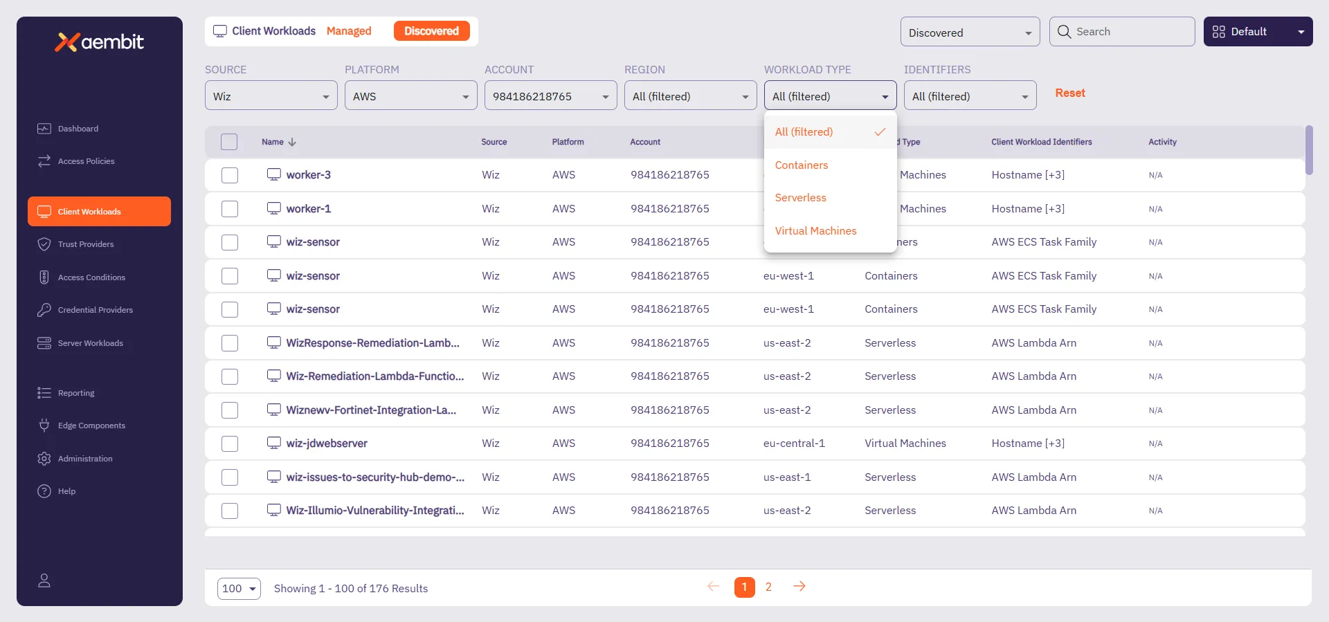 Discovered Client Workloads filtered