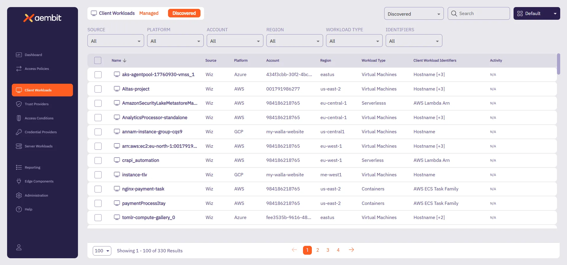 Discovered Client Workloads page