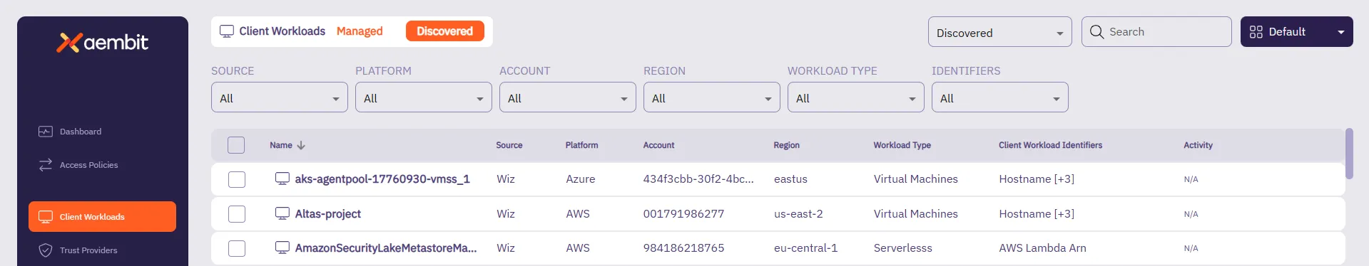Client Workload Discovered tab filtering options