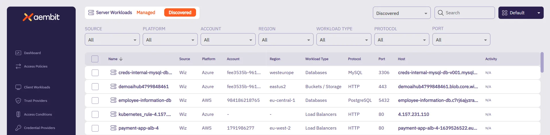 Server Workload Discovered tab filtering options