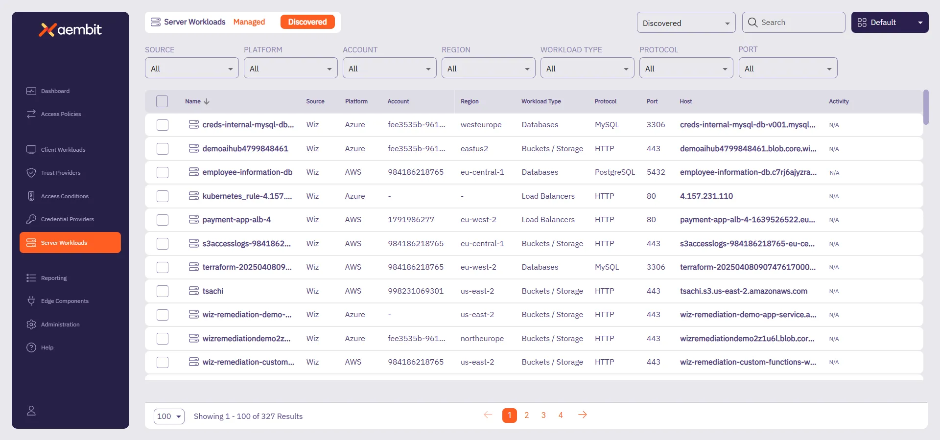 Discovered Server Workloads page