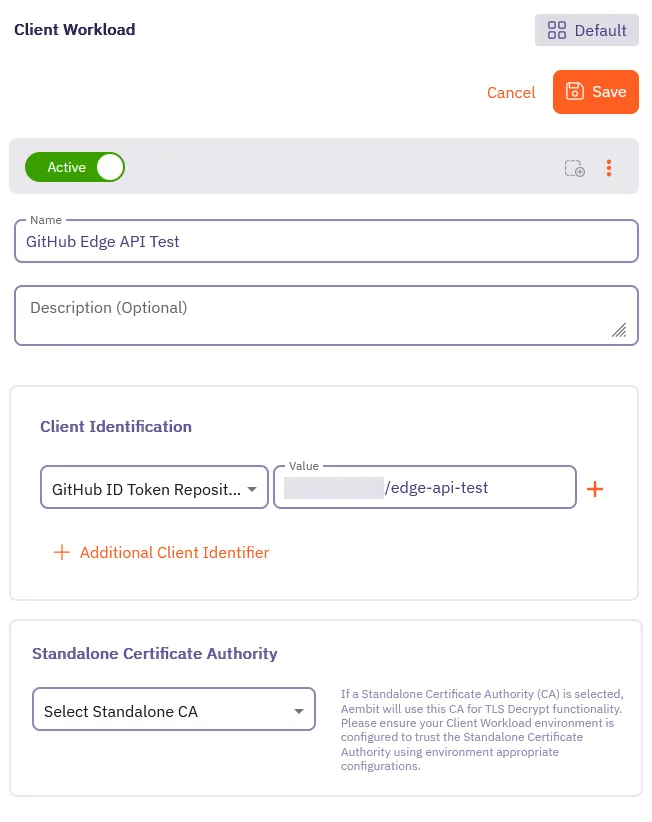 Aembit Client Workload form