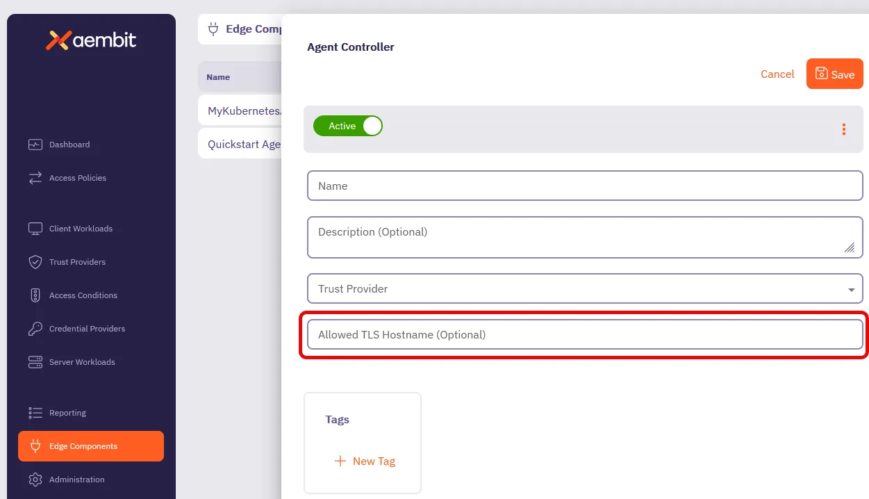 Create an Agent Controller with TLS Hostname field