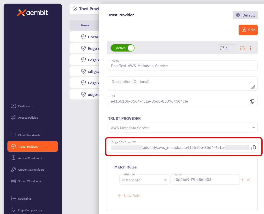 Aembit UI Trust Provider page
