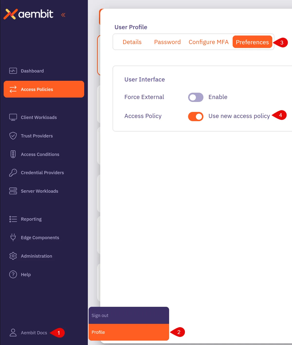 User Profile Preferences tab with Access Policy enabled