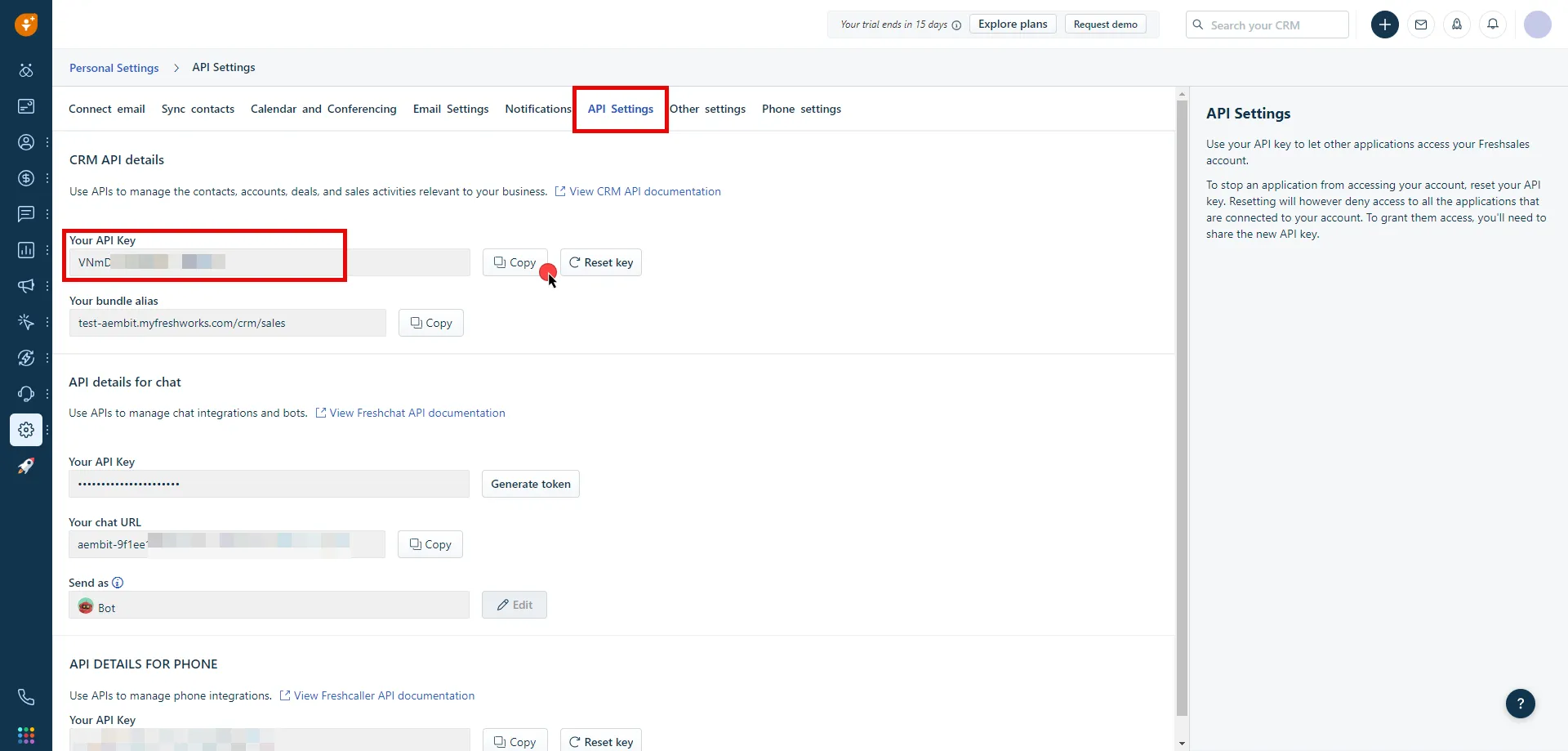 Copy Freshsales CRM API Key