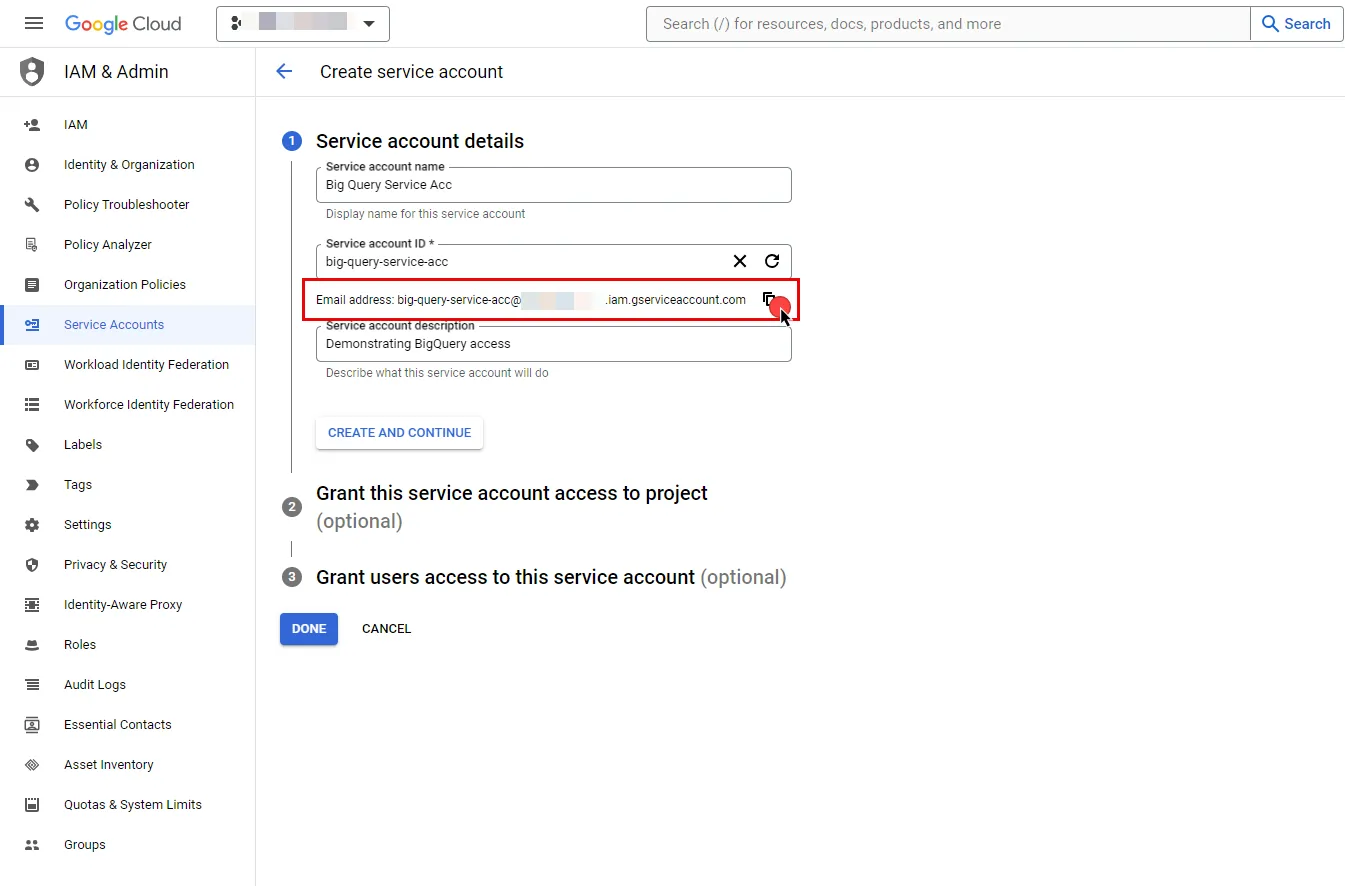 Create Service Account Details