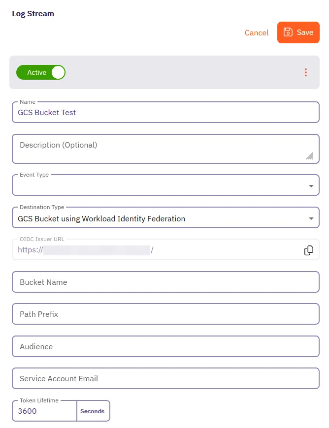 Log Streams Dialog Window - Empty