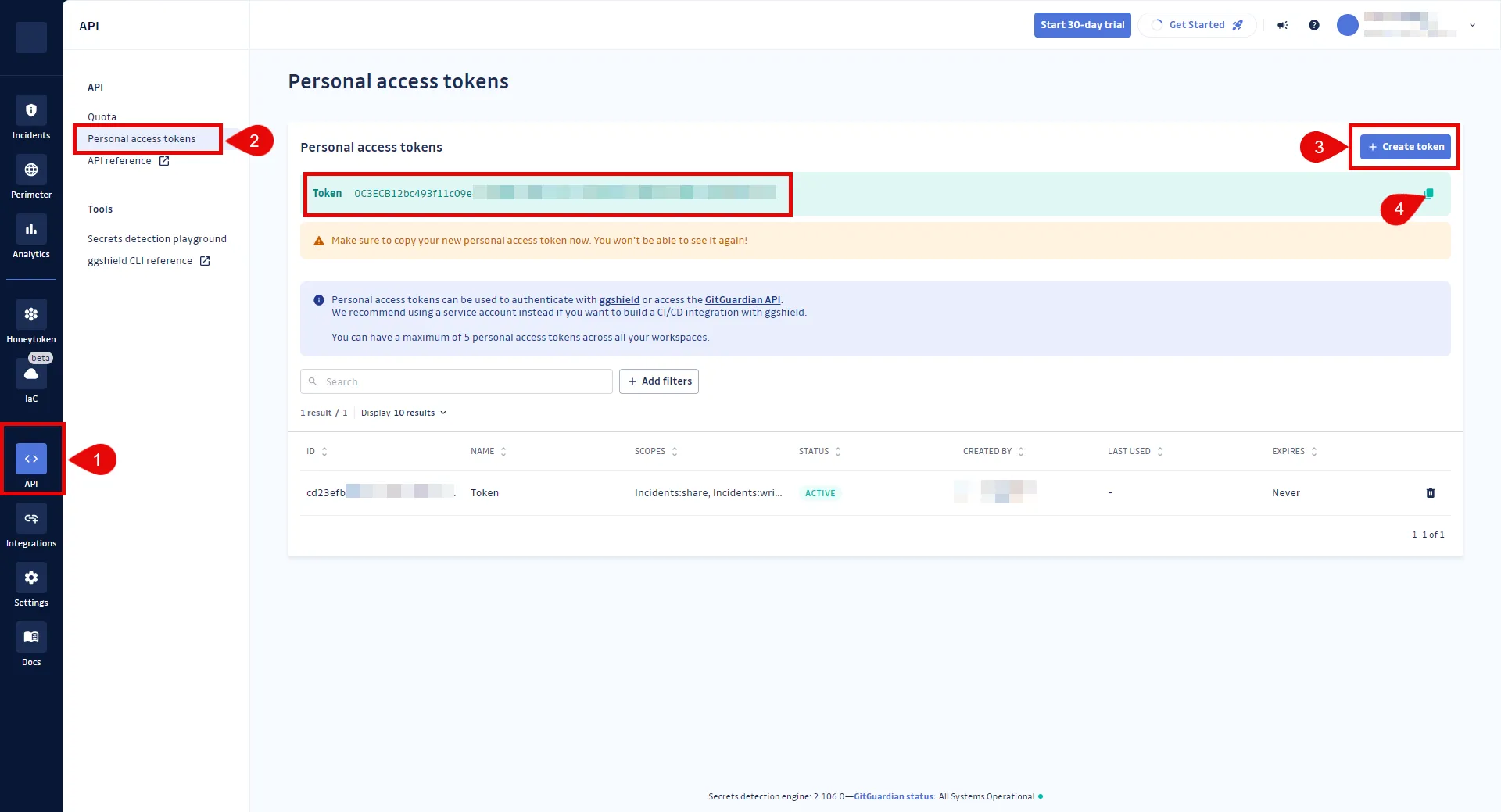 Create GitGuardian API Personal Access token