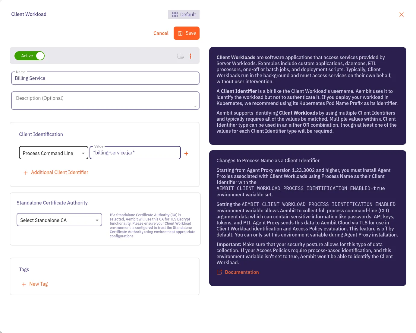Client Workload editor with Process Command Line selected