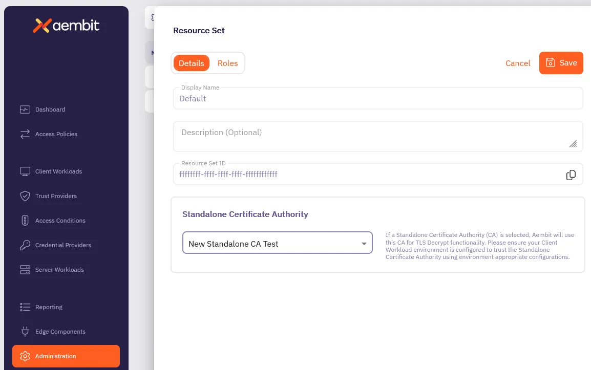 Edit Resource Set screen with Standalone Certificate Authority section