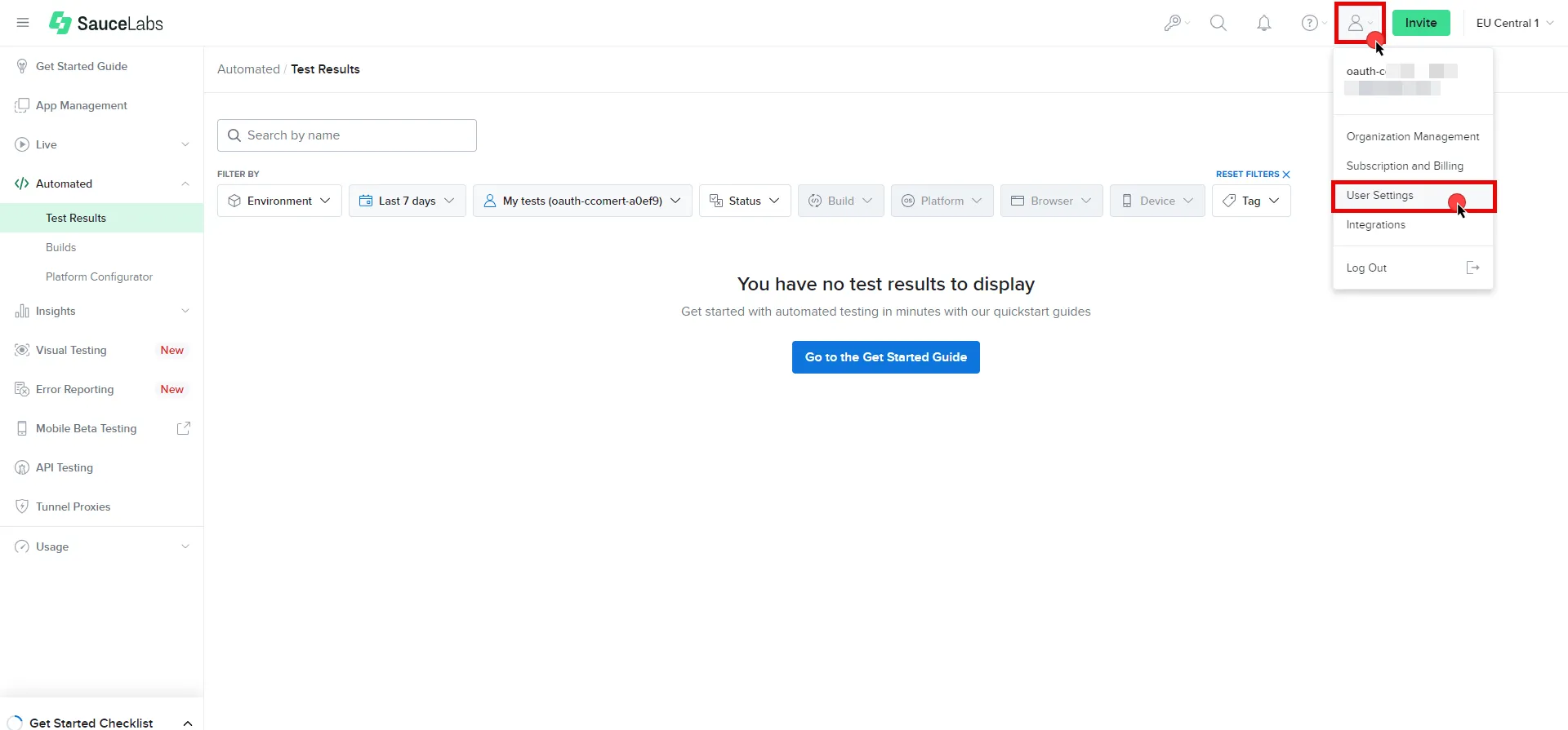 Sauce Labs Dashboard to User Settings
