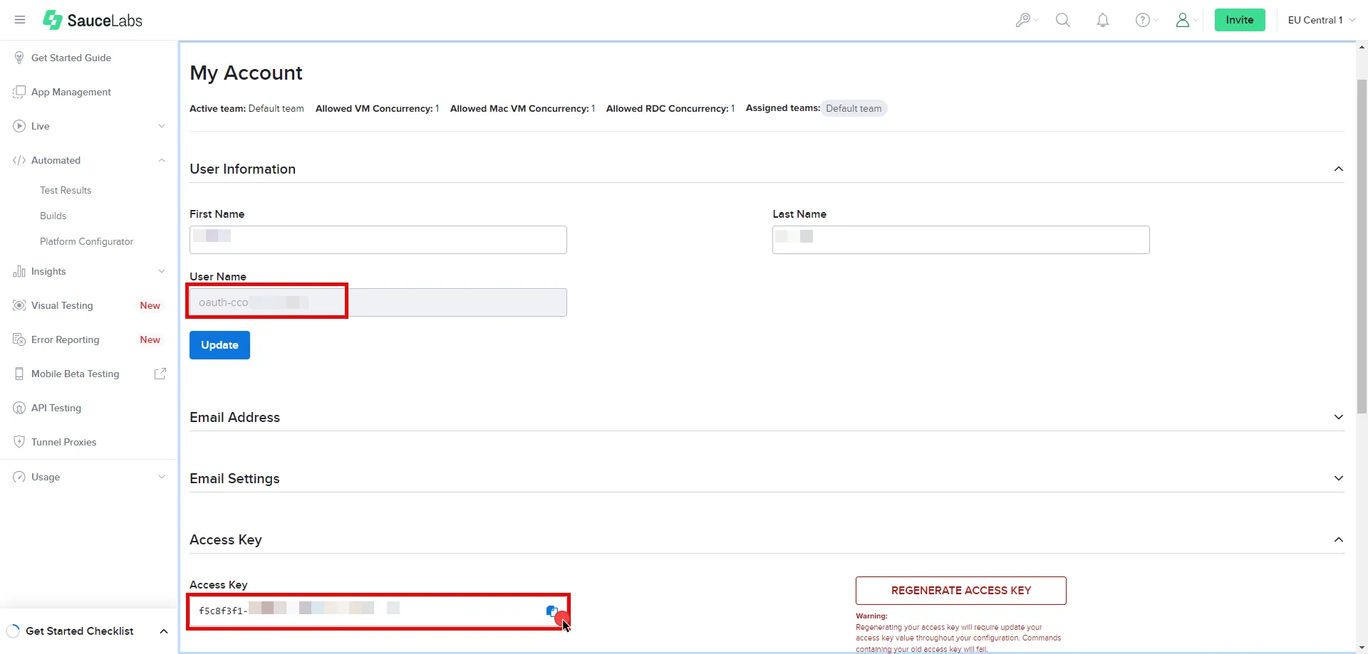 Sauce Labs Username and Access Key