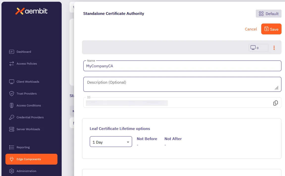 New Standalone Certificate Authority pop out menu