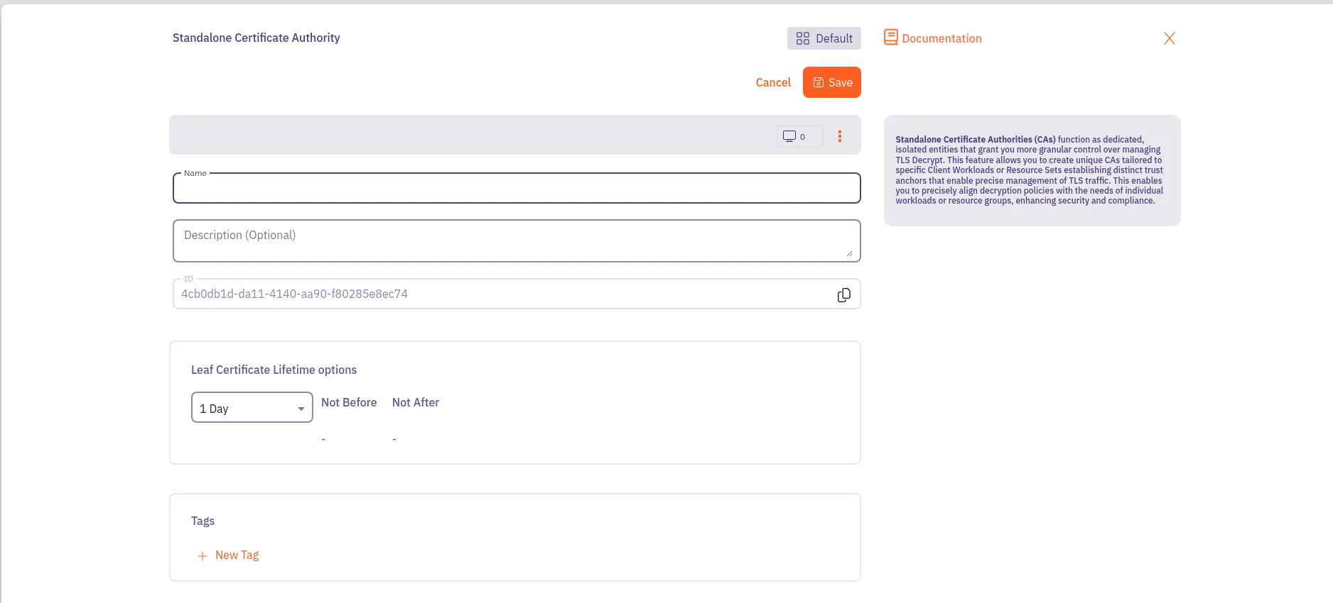 New Standalone Certificate Authority pop out menu
